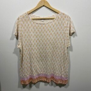 J.Jill Love‎ Linen T-Shirt Womens L White Orange Floral Border Print Casual Top